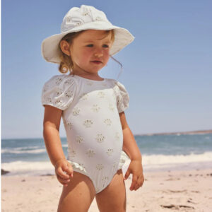 White Embriodered Puff Sleeve Swimsuit (3mths-7yrs)