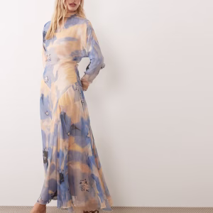 ASOS DESIGN high neck maxi dress with asymmetric waist in blue floral