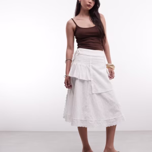 Daisy Street broderie midi skirt with overlay in white