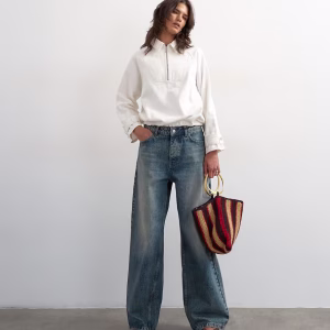 Topshop Denim collared quarter zip blouson jacket in bone
