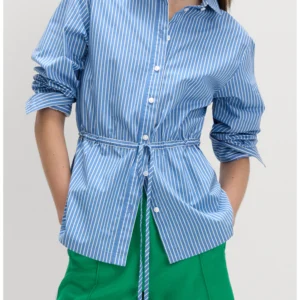 Stripe Drawcord Waist Cotton Button-Up Shirt