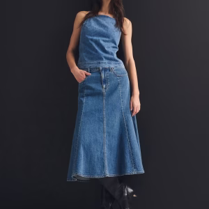 Linen-Blend Denim Midi Skirt