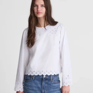 Embroidered Puff-Sleeve Top in Poplin
