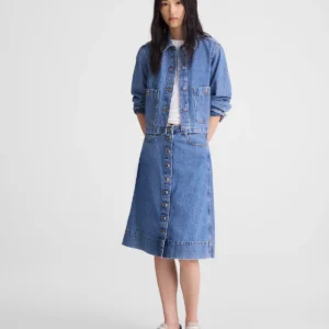 Denim Button-Front A-Line Midi Skirt