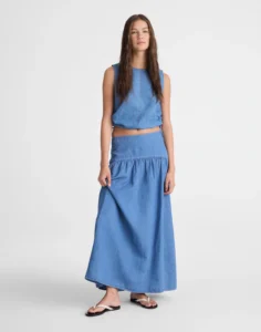 Drop-Waist Maxi Skirt in Cotton-Linen Denim