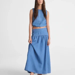 Drop-Waist Maxi Skirt in Cotton-Linen Denim