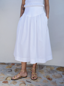 White Cotton Poplin Drop Waist Midi Skirt