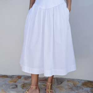 White Cotton Poplin Drop Waist Midi Skirt