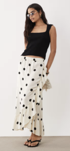 VILA frill trim satin maxi skirt in cream and black polka dot print