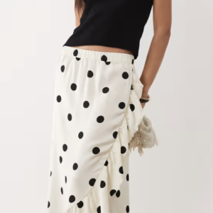 VILA frill trim satin maxi skirt in cream and black polka dot print
