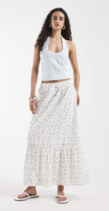 Vero Moda textured cotton tiered boho maxi skirt in white with blue micro floral print