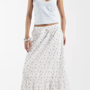 Vero Moda textured cotton tiered boho maxi skirt in white with blue micro floral print