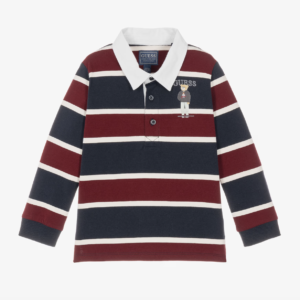 Guess Boys Burgundy Striped Cotton Long Sleeve Polo Shirt