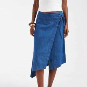 ASOS DESIGN denim asymmetric wrap skirt in mid blue