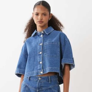 ASOS DESIGN denim boxy shirt in mid blue