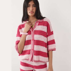 ASOS DESIGN Sally beach knit button up top in pink stripes