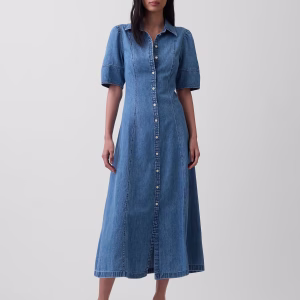 Denim Barrel-Sleeve Midi Shirtdress