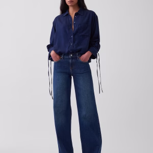 Denim Oversized Ruched-Sleeve Shirt