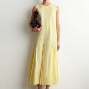 PLEATED COTTON-LINEN MAXI DRESS Yellow