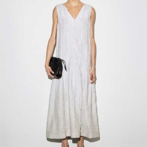 SCULPTED PLEATED LINEN MIDI DRESS Light gray