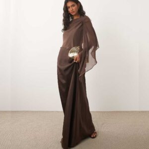 Six Stories Bridesmaid satin square neck chiffon cape detail maxi dress