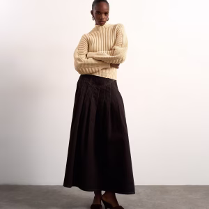 Tolu Coker x Topshop denim maxi pleated skirt circular design in brown rinse
