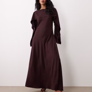 ASOS DESIGN godet maxi dress with cape in eggplant