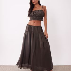 ASOS DESIGN shirred volume maxi skirt in brown - part of a set
