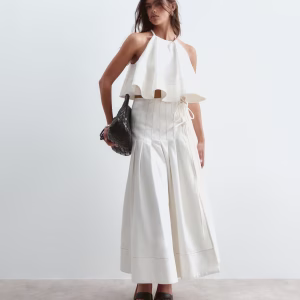 ARRANGE pleated wrap twill midi skirt in white with tobacco stitching - part of a set