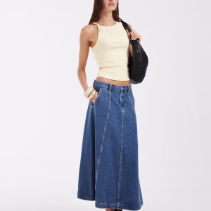 Vero Moda seam detail a-line denim maxi skirt in medium blue