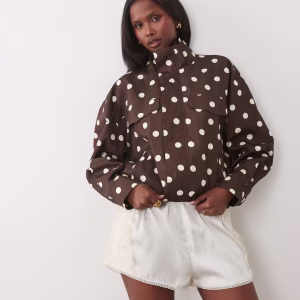 Kaiia exclusive technical button up toggle detailing funnel neck jacket in chocolate and cream polka dots