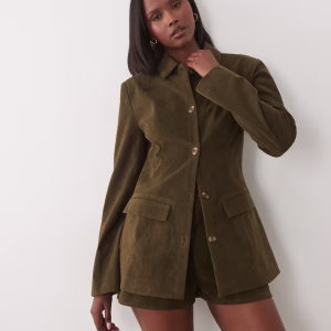 Kaiia exclusive faux suede cinched waist longline blazer in dark olive - part of a set
