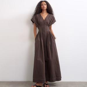 Topshop exaggerated shoulder with cinched pintuck waist in chocolate