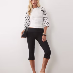 ASOS DESIGN short contrast sleeve top with cinched waist in mono polka dot print