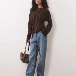 Gina Tricot wool alpaca knit tie cardigan in chocolate brown