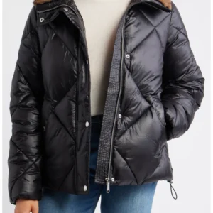 Diamond Quilted Puffer Jacket with Faux Fur Hood Sam Edelman
