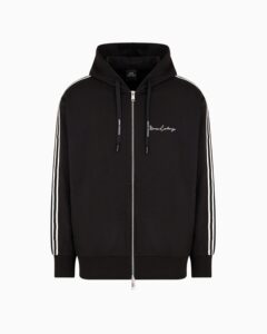 Full zip sweatshirt in bonded cotton with bands on the sleeves