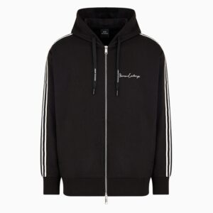 Full zip sweatshirt in bonded cotton with bands on the sleeves