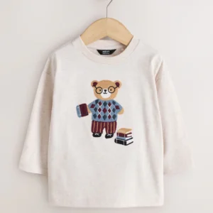 Neutral Embroidery Bear Long Sleeve Graphic T-Shirt (3mths-7yrs)