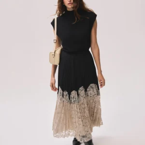Black Pleated Lace Hem Midi Skirt