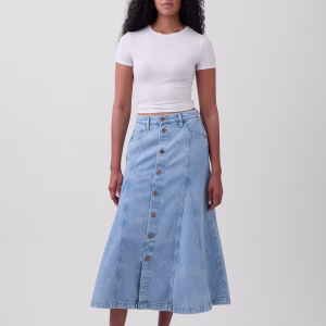Denim Seamed Button-Front Maxi Skirt