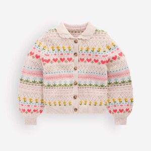 Collared Cardigan Oatmeal Marl Flowers