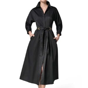 Drawstring Waist Stretch Cotton Midi Shirtdress