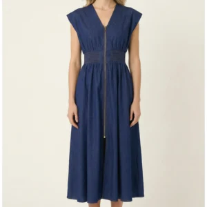 Zip Front Sleeveless Denim Midi Dress Modenaire