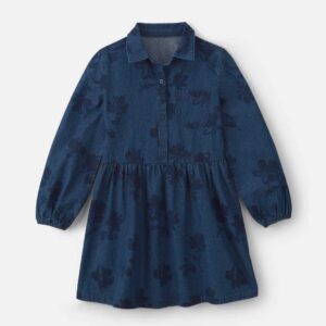 Girls Floral Denim Long-Sleeve Dress - Dark Wash
