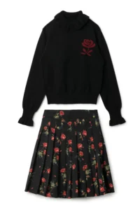 Clo Woven Print Knit Embroidered Turtleneck Skirt and Top Two Piece Set
