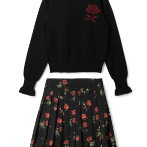 Clo Woven Print Knit Embroidered Turtleneck Skirt and Top Two Piece Set