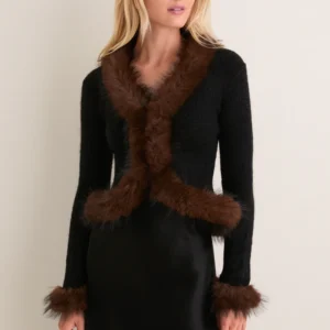 Self-Portrait Black Faux Fur Knit Cardigan