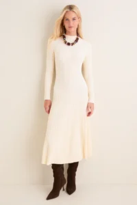 Hyacinth House Cream Ribbed Knit Corey Midi Dress