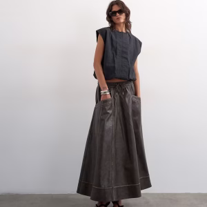 Topshop high shine leather look midi skirt with side pockets in washed brown
